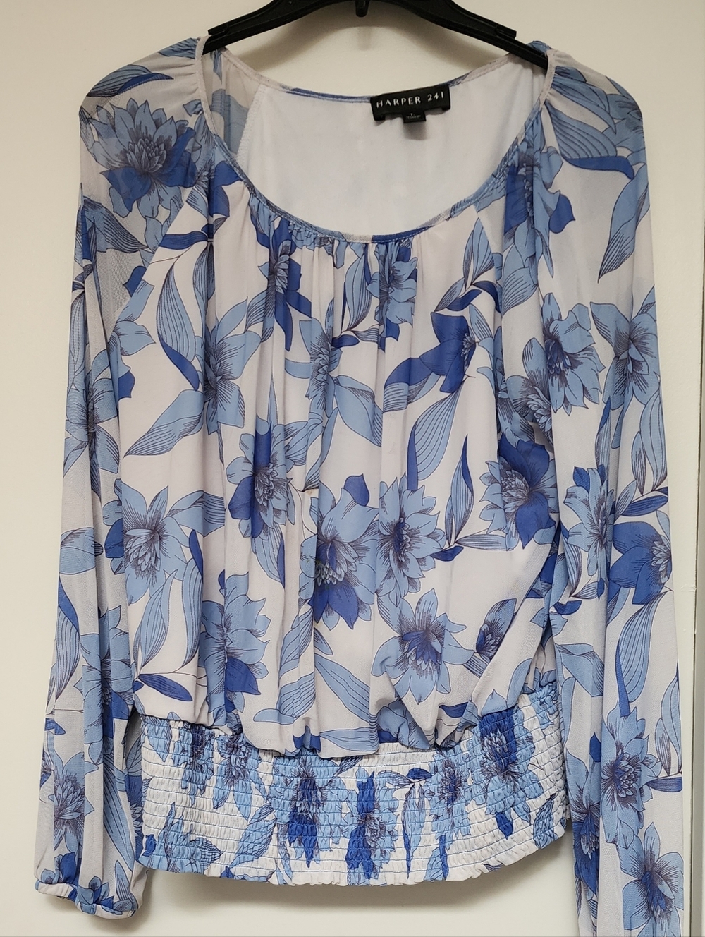 Harper Blue & White Floral Long-Sleeve Blouse with Smocked Hem